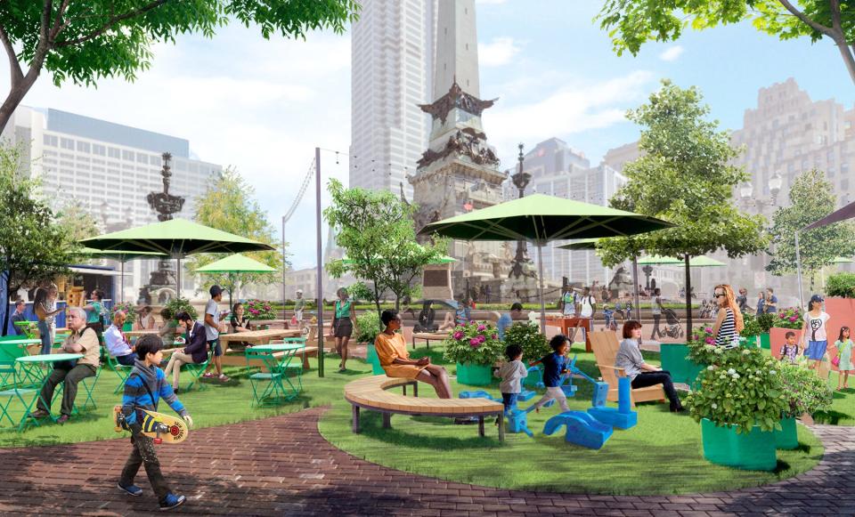 The city will close the southwest part of Monument Circle to make room for a pop-up green space with seating, public art and more.