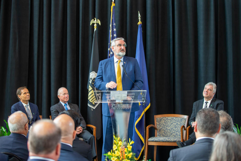 Gov. Eric Holcomb, thanks SkyWater Technology for choosing the State of Indiana and Purdue University as the location to open its $1.8 billion state-of-the-art semiconductor manufacturing facility and how he expects it to be a wonderful partnership and help make Indiana a leader in the production of semiconductor, on Wednesday, July 20, 2022, in West Lafayette.