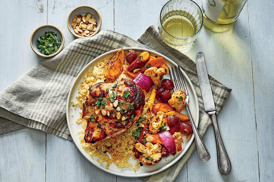 Sweet-and-Spicy Sheet Pan Chicken with Cauliflower and Carrots