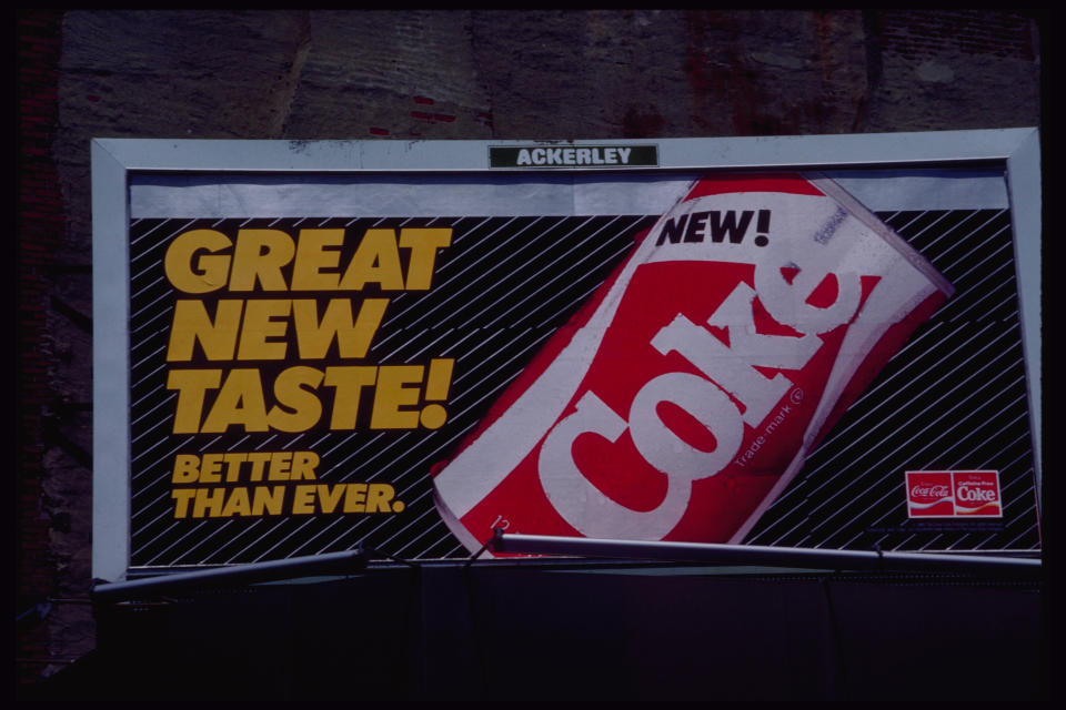 Coca Cola billboard for the short-lived New Coke. (Photo by © Todd Gipstein/CORBIS/Corbis via Getty Images)