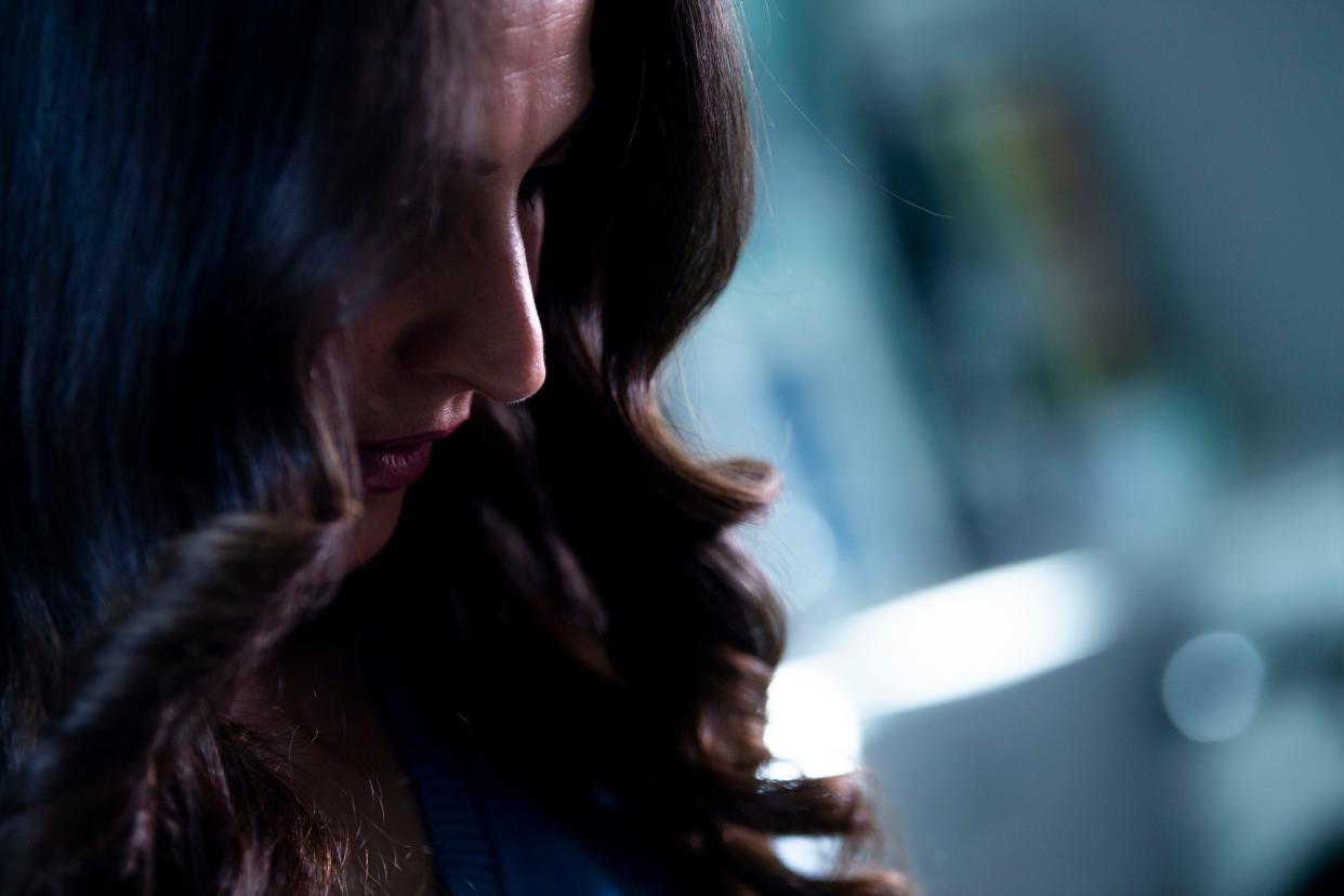 Zainab Al-Fatlawi, looks down for a moment while sharing her story at Siloam Health in Nashville, Tenn., Tuesday, Feb. 13, 2024.