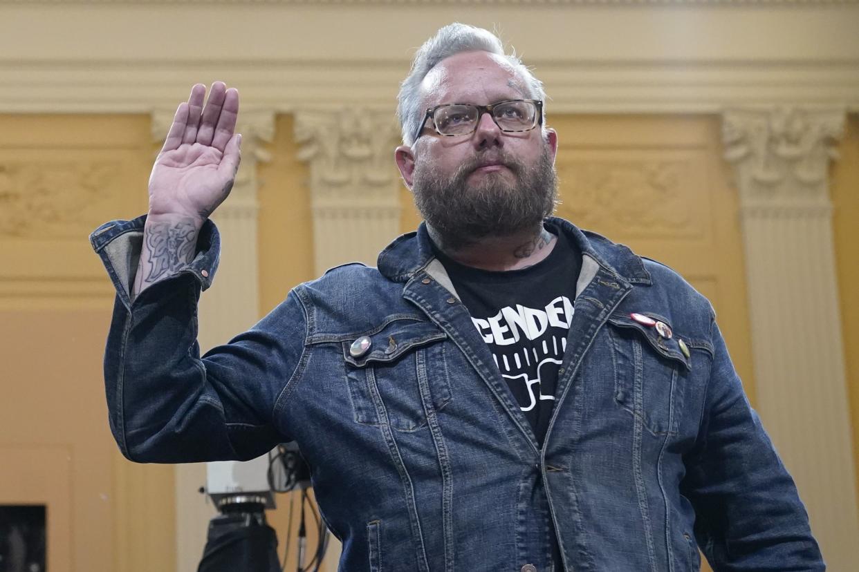 Jason Van Tatenhove, an ally of Oath Keepers leader Stewart Rhodes, is sworn in to testify as the House select committee investigating the Jan. 6 attack on the U.S. Capitol holds a hearing at the Capitol in Washington, Tuesday, July 12, 2022. 