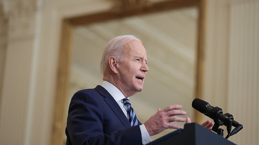 President Biden delivers a statement on Russia and Ukraine in the East Room of the White House in Washington, DC on Thursday, February 24, 2022.