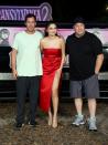 <p>Sandler, his buddy Kevin James (who is also a fan of comfy clothing), and Selena Gomez made quite a trio while promoting <i>Hotel Transylvania 2</i> in Cancun, Mexico, in 2015. Fortunately, Gomez was glam enough for all of them! (Photo: Victor Chavez/Getty Images)</p>