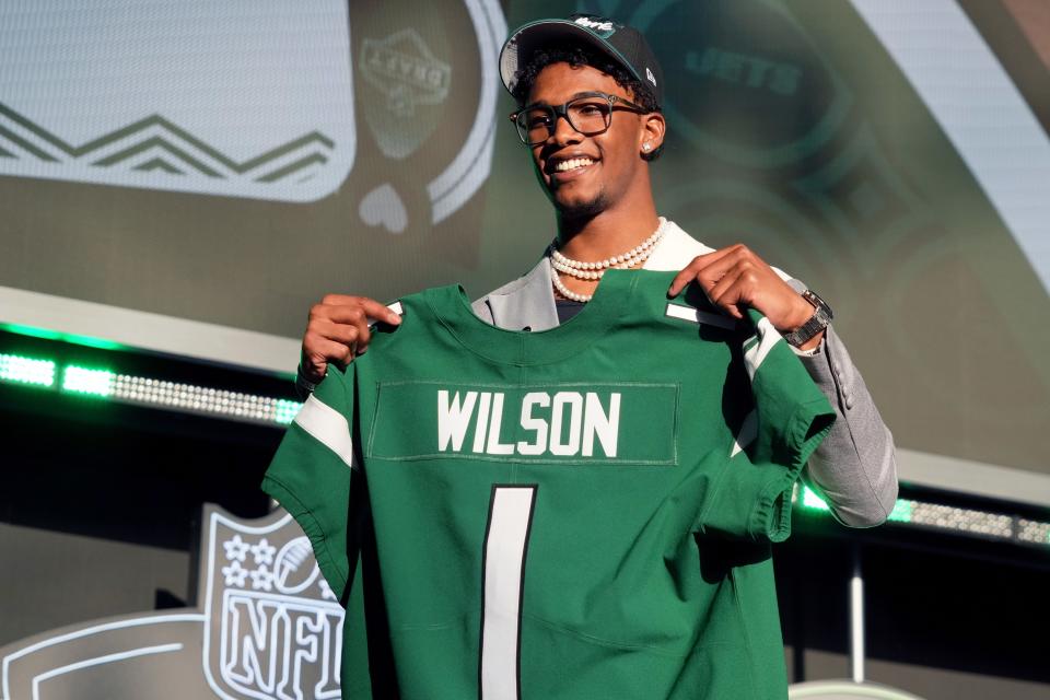 Ohio State wide receiver Garrett Wilson after being selected as the tenth overall pick to the New York Jets during the first round of the 2022 NFL Draft at the NFL Draft Theater.