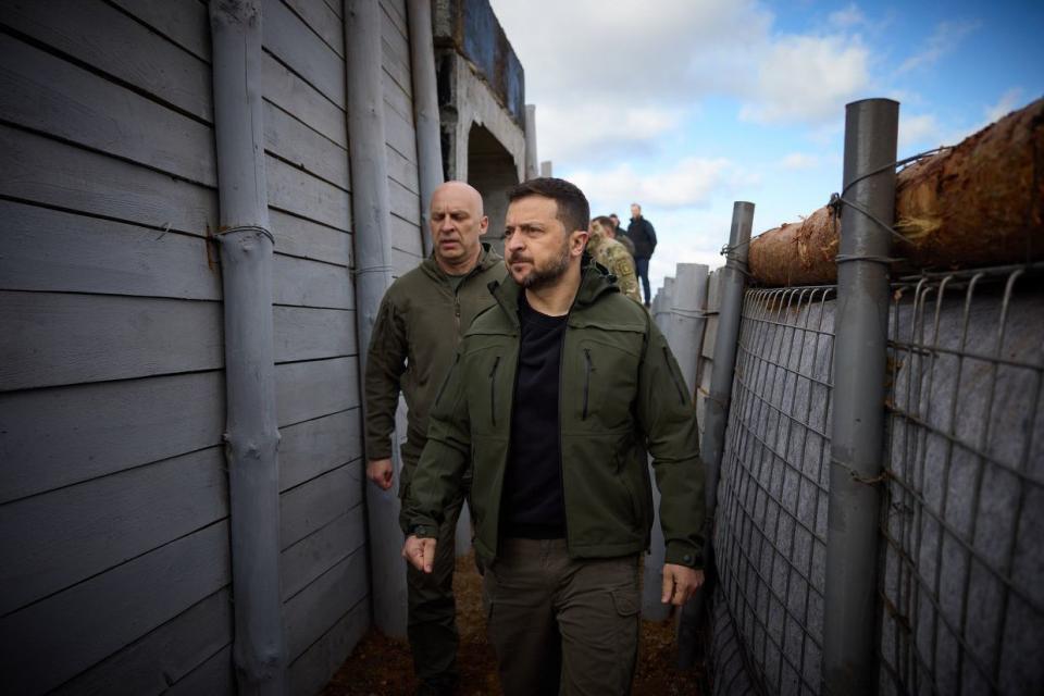 President of Ukraine Volodymyr Zelenskyy (front) meets with the Head of the Donetsk Regional Military Administration, Vadym Filashkin (rear) in Donetsk Oblast, Ukraine on April 19, 2024. (Presidency of Ukraine/Anadolu via Getty Images)