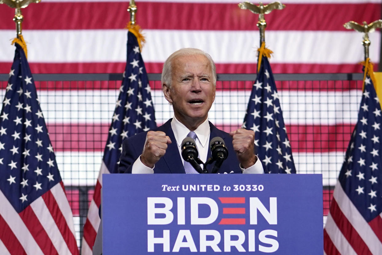 Democratic presidential candidate former Vice President Joe Biden speaks at campaign event at Mill 19 in Pittsburgh, Pa., Monday, Aug. 31, 2020. (AP Photo/Carolyn Kaster)