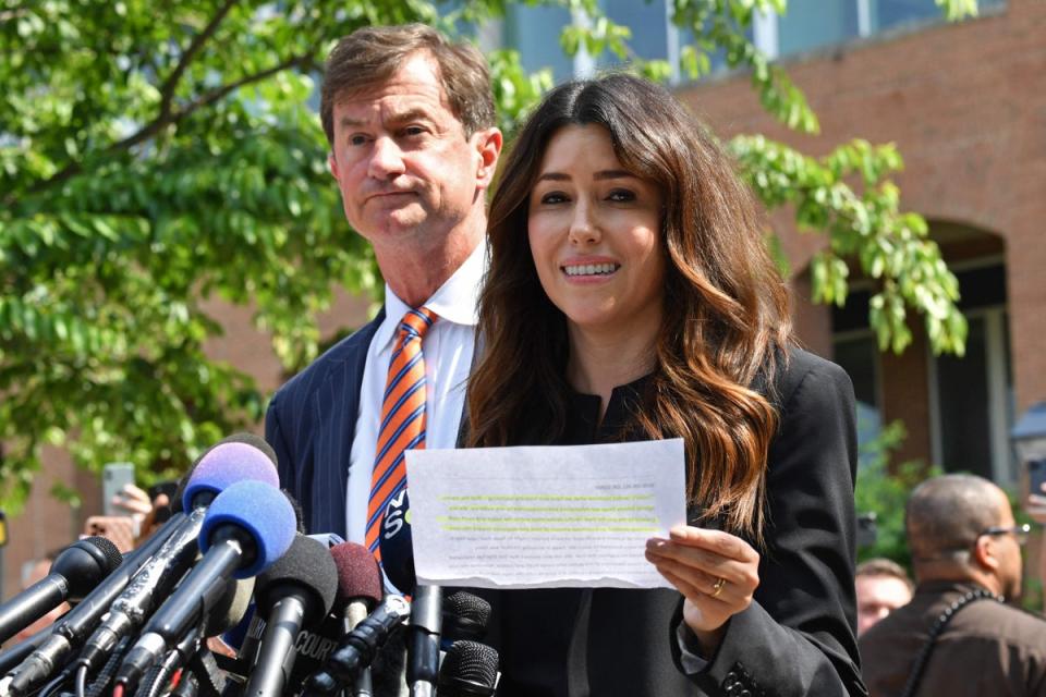 Johnny Depp’s lawyer Camille Vasquez speaks to reporters outside court (AFP via Getty Images)