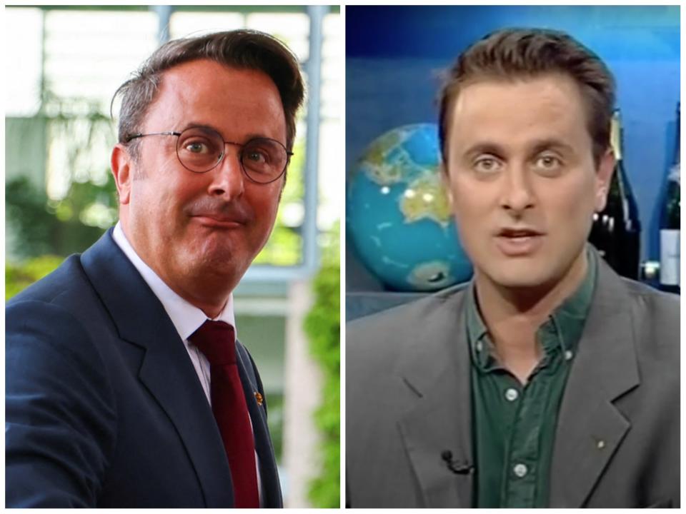 Side-by-side image of Luxembourg Prime Minister Xavier Bettel in May 2023, and Bettel as a cable TV show presenter in 2005.