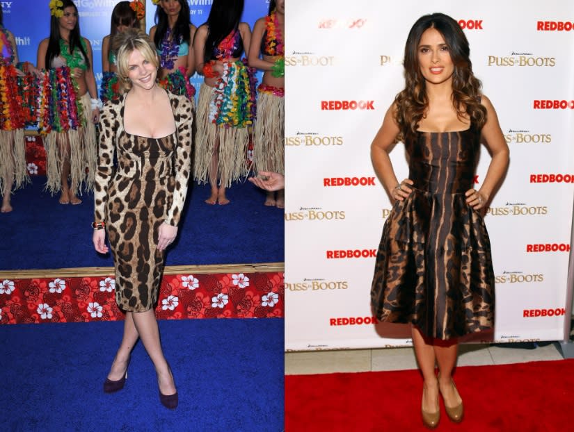 Brooklyn Decker (24) goes head to head with Salma Hayek (45) in leopard print dresses. Verdict? Minimal styling, a lighter shoe, and un-fussy hair prevail. (James Devaney/WireImage & Barnard/WireImage)