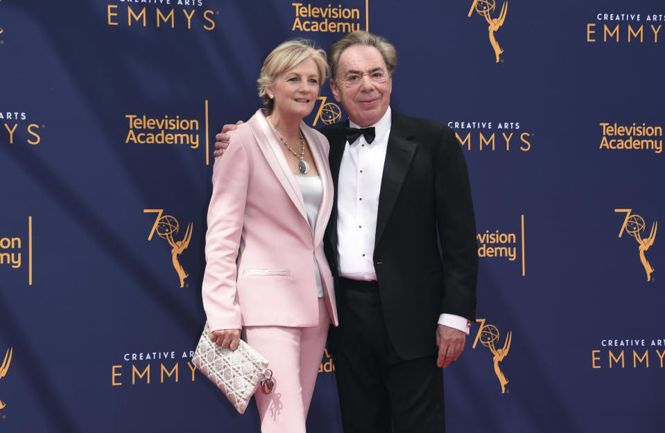Madeleine Gurdon, left, and Andrew Lloyd Webber arrive at night two of the Creative Arts Emmy Awards at The Microsoft Theater on Sunday, Sept. 9, 2018, in Los Angeles. (Photo by Richard Shotwell/Invision/AP)