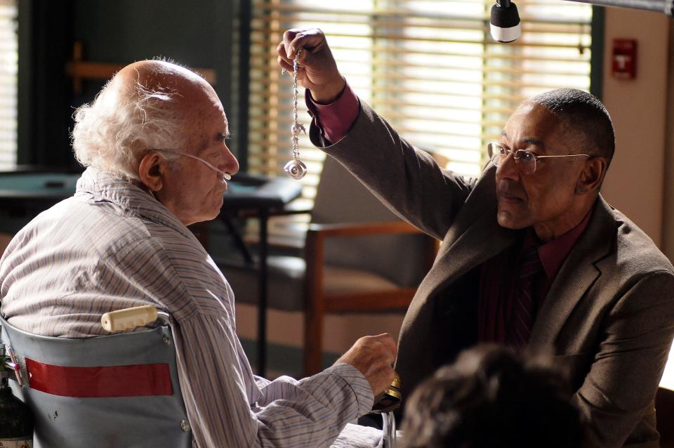 Gustavo Fring (Giancarlo Esposito, right) taunts the frail Hector 'Tio' Salamanca (Mark Margolis) during a visit to the old man's nursing home in "Breaking Bad."