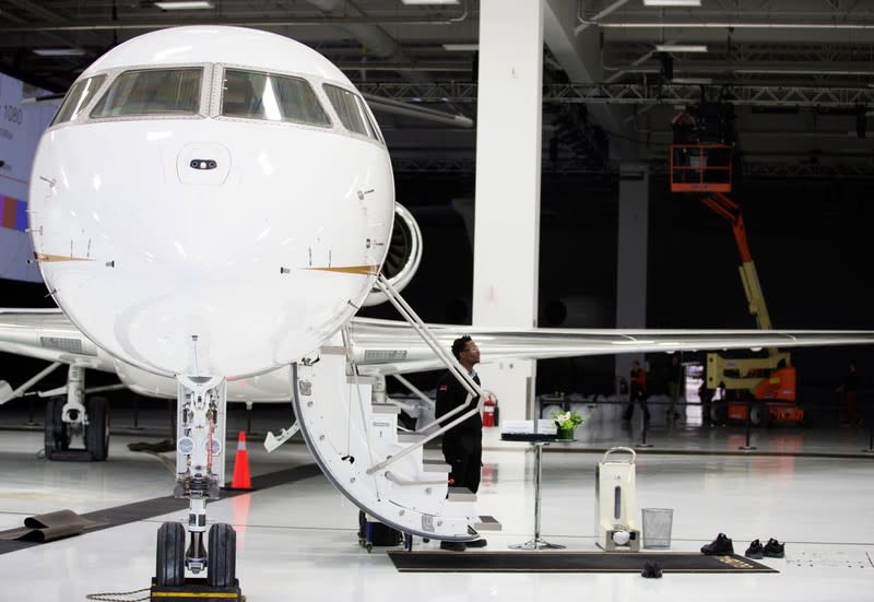 Bombardier's Global 7500, the first business jet to have a queen-sized bed and hot shower, is shown during a media tour in Montreal