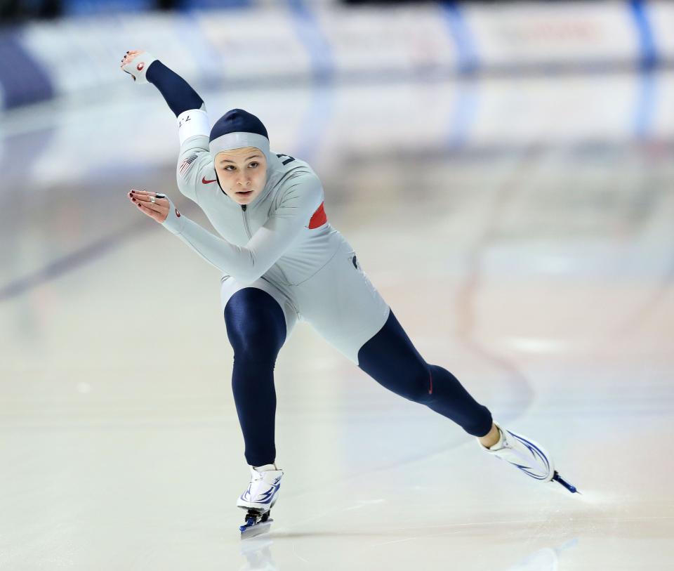 Bonnie Blair-Cruikshank's daughter, Blair, skates during the U.S Olympic trials in 2018. She will not be allowed to compete in this week's trials after testing positive for COVID-19.