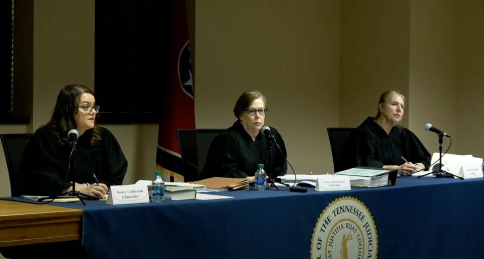 PHOTO: Chancellor Kasey Culbreath, left, Chancellor Patricia Head Moskal, center, and Judge Sandra Donaghy serve as the three judge panel during the Nicole Blackmon et al. v. State of Tennessee case, April 4, 2024, in Nashville, Tenn. (Tennessee Supreme Court/YouTube)