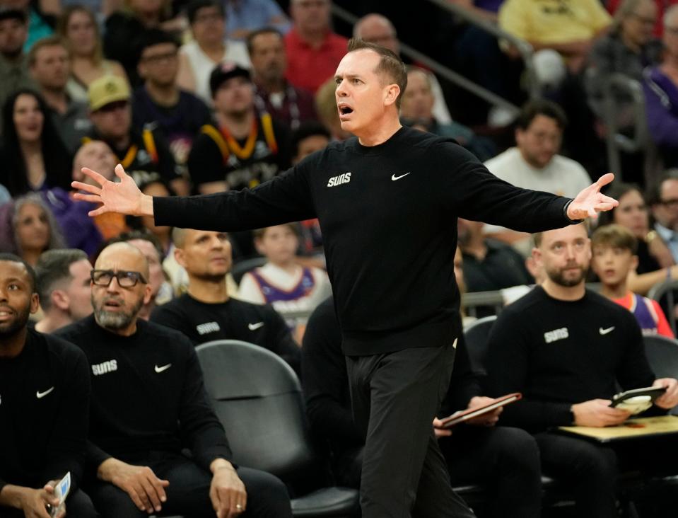 Phoenix Suns head coach Frank Vogel questions a play against the LA Clippers during the first quarter at Footprint Center in Phoenix on April 9, 2024.