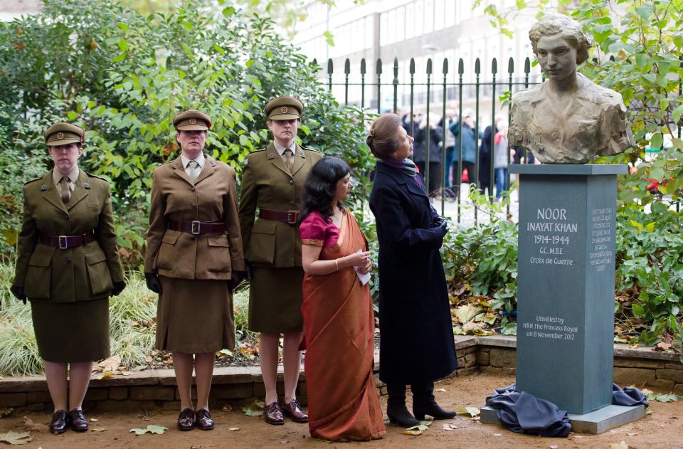 Britain's Princess Anne looks at a statue of Noor Inayat Khan after unveiling it in a ceremony in central London on November 8, 2012.<span class="copyright">AFP via Getty Images—2012 AFP</span>