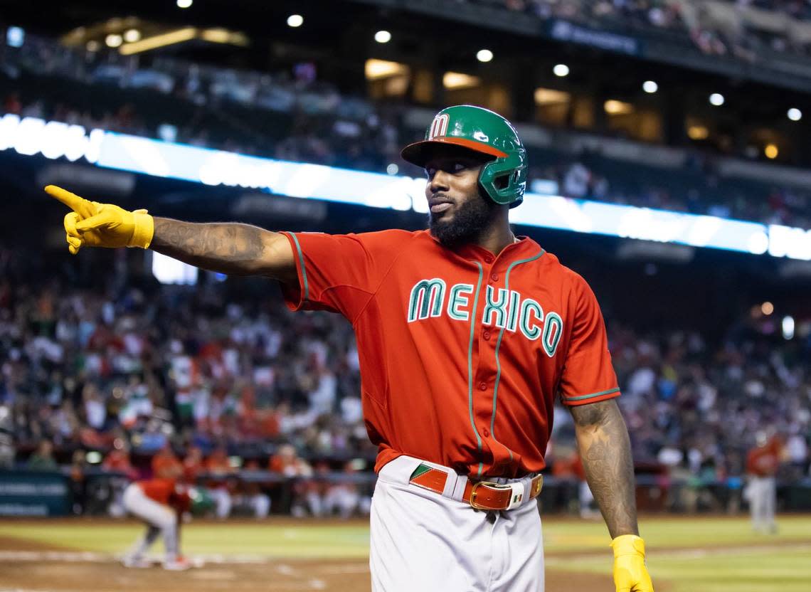 Mar 15, 2023; Phoenix, Arizona, USA; Mexico outfielder Randy Arozarena celebrates after hitting a three run double in the sixth inning against Canada during the World Baseball Classic at Chase Field. Mandatory Credit: Mark J. Rebilas-USA TODAY Sports