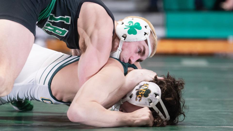 Camden Catholic's Eric Swanson, top, controls Red Bank Catholic's Luken Ramos during the 138 lb. bout of the state Non-Public B semifinal wrestling meet held at Camden Catholic High School on Thursday, February 8, 2024. Swanson defeated Ramos by pin.