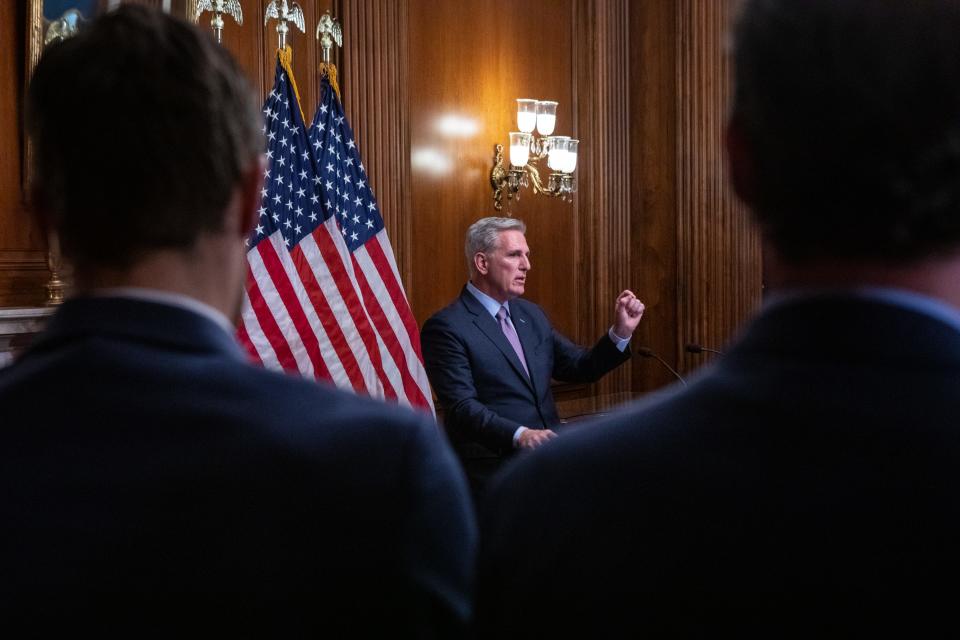 October 3, 2023: Former Speaker Kevin McCarthy (R-CA) speaks to the press after the motion to vacate his position passes in the U.S. Capitol, in Washington, DC.