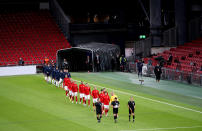 Denmark and England players walk out onto the pitch prior to the beginning of the UEFA Nations League Group 2, League A match at Parken Stadium, Copenhagen. (Photo by Nick Potts/PA Images via Getty Images)