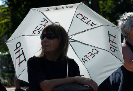 A demonstrator prostests against the Comprehensive Economic and Trade Agreement (CETA) at the Constitutional Court in Karlsruhe, Germany August 31, 2016. REUTERS/Ralph Orlowski