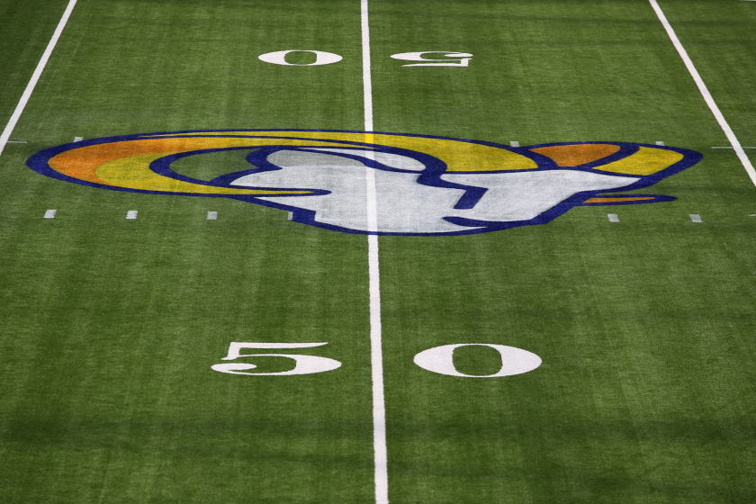 INGLEWOOD, CALIFORNIA - AUGUST 29: A general view of the Los Angeles Rams logo on the field.