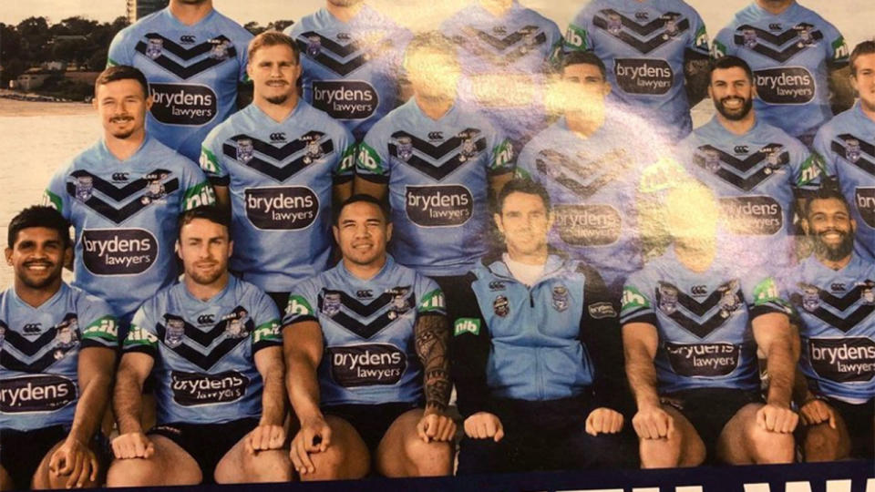 Can you spot the cheeky antics of two Blues players? Pic: Big League