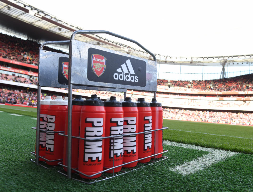 LONDON, ENGLAND - OCTOBER 09: Prime energy drinks pitchside before the Premier League match between Arsenal FC and Liverpool FC at Emirates Stadium on October 09, 2022 in London, England. (Photo by David Price/Arsenal FC via Getty Images)