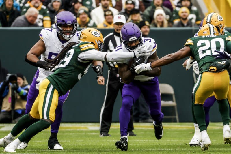 Minnesota Vikings running back Cam Akers (C) sustained an Achilles injury during a win over the Atlanta Falcons on Sunday in Atlanta. File Photo by Tannen Maury/UPI