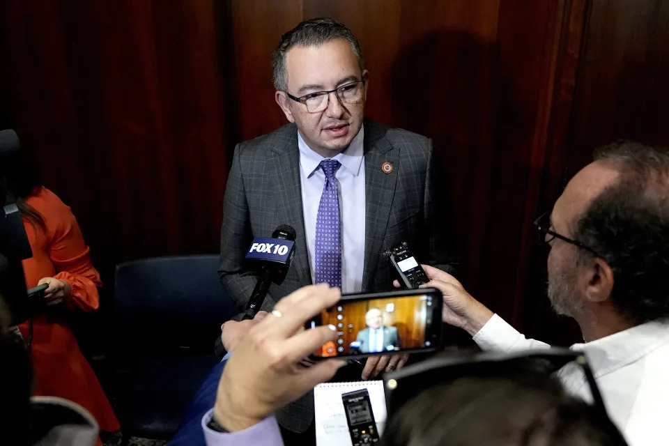 Arizona State Speaker of the House Ben Toma, R, speaks to reporters from the House floor at the Capitol, Wednesday, April 10, 2024, in Phoenix. The Arizona Supreme Court ruled Tuesday that the state can enforce its long-dormant law criminalizing all abortions except when a mother's life is at stake. (AP Photo/Matt York)