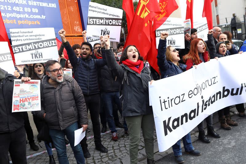 Demonstrators shout slogans during a prototest against a massive canal project in Istanbul