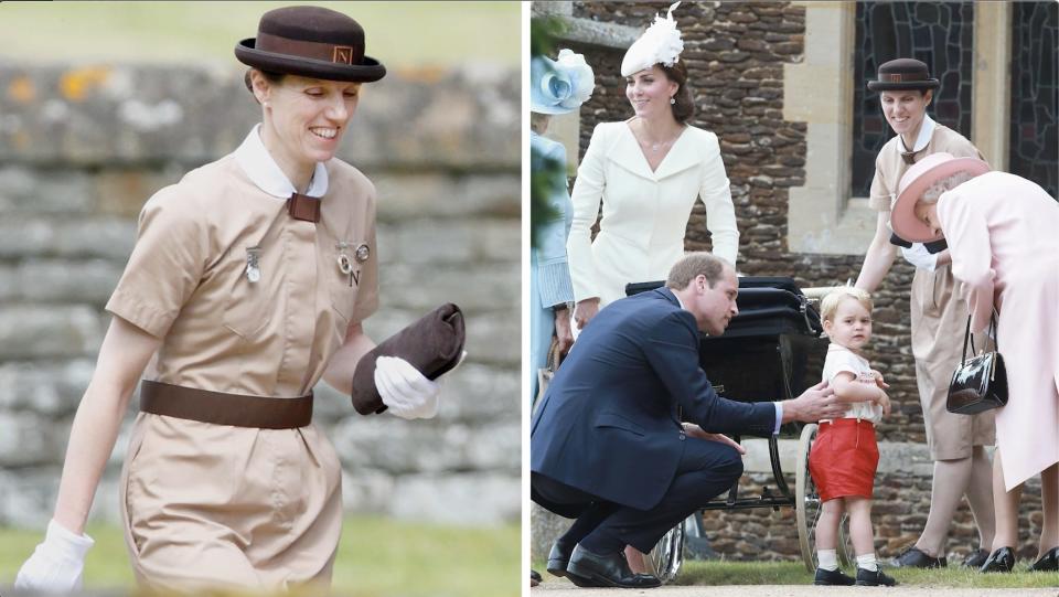 side-by-side photos of a uniformed Norland nanny and the nanny with the royal family