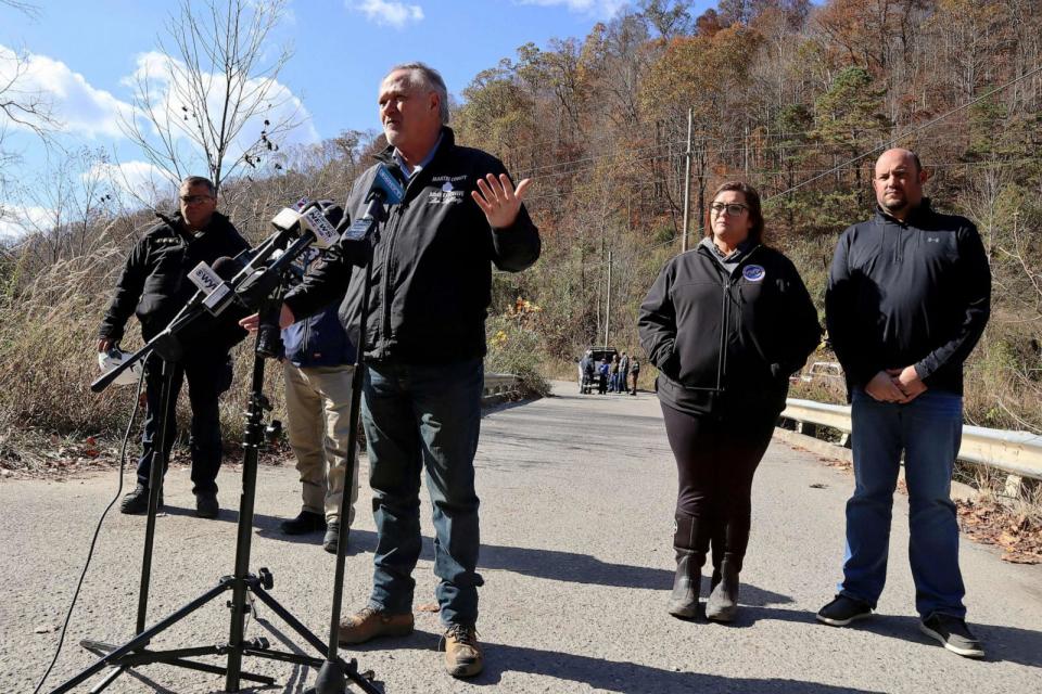 PHOTO: Martin County Judge Executive Lon Lafferty addresses reporters outside a road leading to the abandoned Martin Mine Prep Plant in Inez, K.Y. , on Nov. 1, 2023, where the collapse of an 11-story coal tipple killed at least one man. (Leah Willingham/AP)