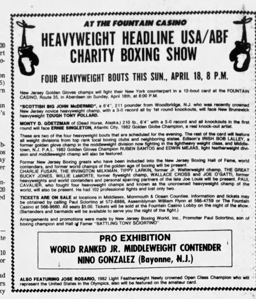 An Asbury Park Press ad for boxing matches at the Fountain Casino.