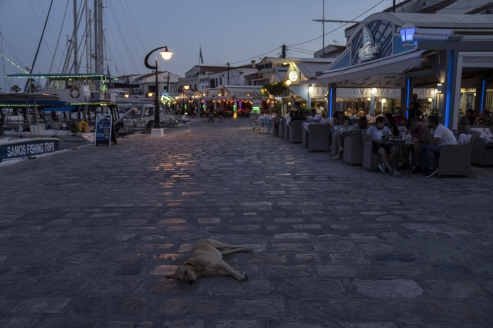 A stray dog sleeps on a harbour of Pythagoreio village as people sit on restaurants, on the eastern Aegean island of Samos, Greece, Tuesday, June 8, 2021. About a month after Greece officially opened to international visitors, the uncertainty of travel during a pandemic is still taking its toll on the country's vital tourist industry. (AP Photo/Petros Giannakouris)