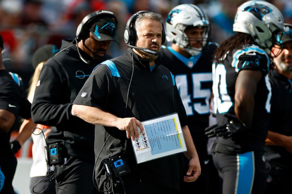 CHARLOTTE, NORTH CAROLINA - DECEMBER 26: Head coach Matt Rhule of the Carolina Panthers on the sidelines during the second quarter in the game against the Tampa Bay Buccaneers at Bank of America Stadium on December 26, 2021 in Charlotte, North Carolina. (Photo by Jared C. Tilton/Getty Images)