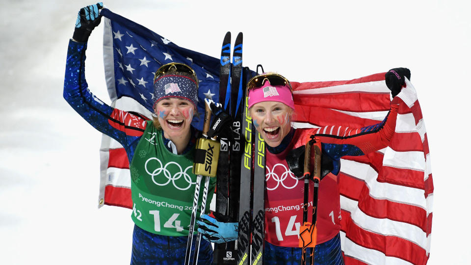 Jessie Diggins (L) and Kikkan Randall. (Matthias Hangst/Getty Images)