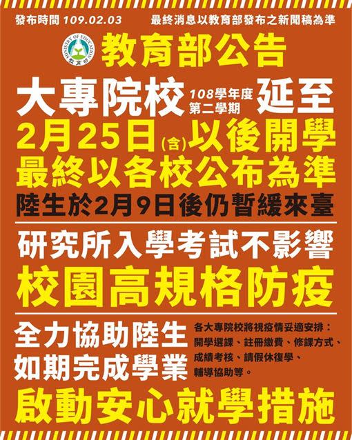 因應武漢肺炎疫情，全大專院校延至2／25以後開學。（圖／中央流行疫情指揮中心提供）