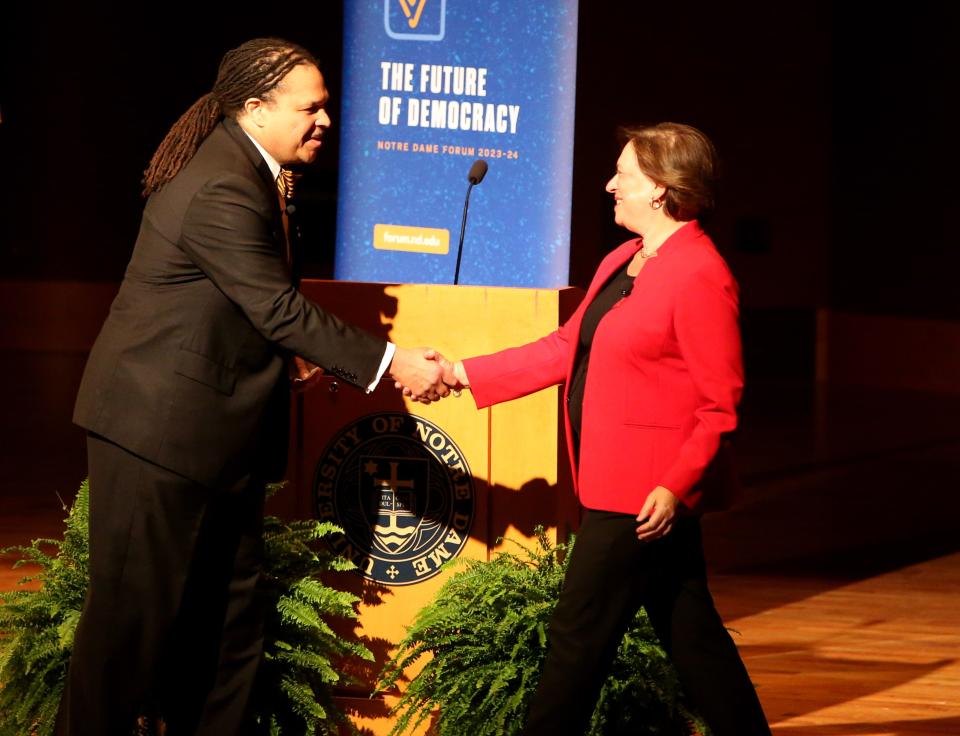 G. Marcus Cole, dean of the Notre Dame Law School, greets U.S. Supreme Court Associate Justice Elena Kagan on Friday, Sept. 22, 2023, before they had a conversation on democracy at the DeBartolo Performing Arts Center on the University of Notre Dame campus in South Bend.