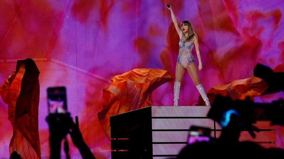 Singer Taylor Swift performs at her concert for the international The Eras Tour in Tokyo