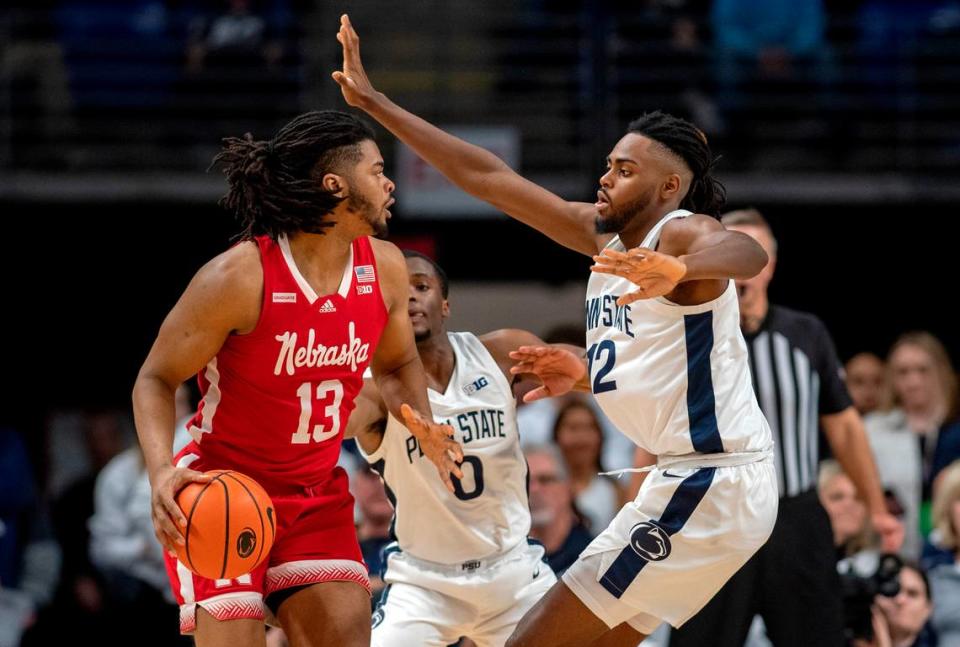 Penn State’s Evan Mahaffey defends Nebraska’s Derrick Walker during the game on Saturday, Jan. 21, 2023.