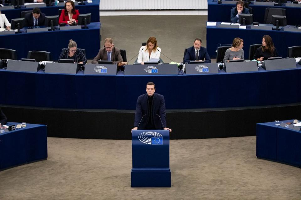Bardella speaks during the plenary session at the European Parliament in Strasbourg, France on Oct. 18, 2023.<span class="copyright">Sathiri Kelpa—Anadolu/Getty Images</span>