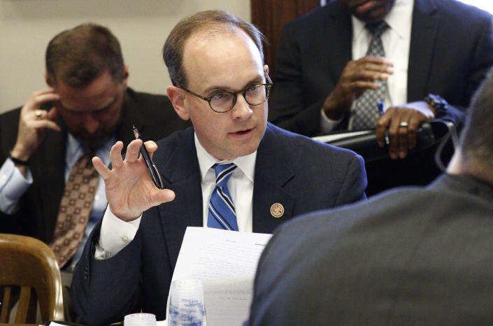 FILE - Then-Mississippi state Rep. Cory Wilson, R-Madison, discusses a transportation issue during a House Transportation Committee meeting at the state Capitol in Jackson, Miss., Feb. 17, 2016. Three conservative appeals court judges, including Wilson, with a history of supporting restrictions on abortion will hear arguments Wednesday, May 17, 2023, on whether a widely used abortion drug should remain available. (AP Photo/Rogelio V. Solis, File)