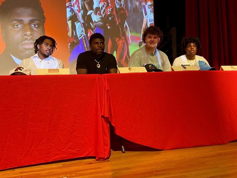 North Fort Myers celebrated 7 student-athletes who signed to play in college. Bo Summersett (football, FAU), Atavious Weaver (football, FIU), Layne Postel (football, Keiser), Tavaris Irons (football, Highland CC), Aliyah Morgan (soccer, George Mason), Desirae Devine (softball, Wofford), and Kendall Wylie (softball, Wofford).