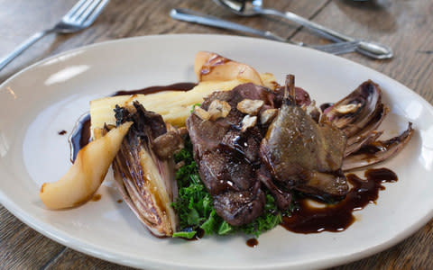 Local wild duck breast slow cooked leg, dauphinoise potato, chicory, pear & chestnuts - Credit: Jeff Gilbert for The Telegraph