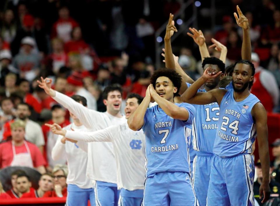 The North Carolina bench reacts late in the second half of the Tar Heels’ 67-54 win against N.C. State at PNC Arena on Wednesday, Jan. 10, 2024, in Raleigh, N.C.