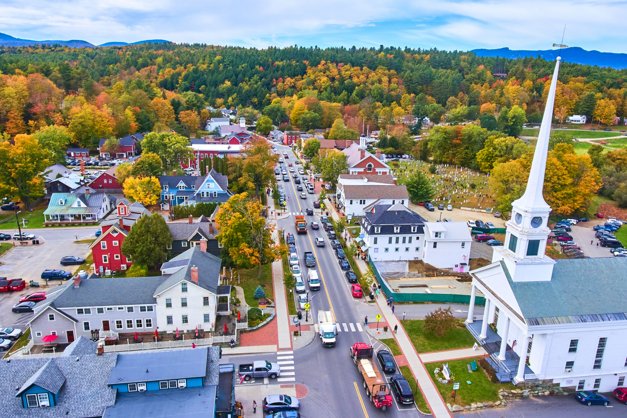 Aerial of Stowe, Vermont, During Early Autumn