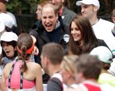<p>So remember the London Marathon training picture? He made an <em>even funnier </em>face when it came time to hand out water during the actual event. Kate, <a href="https://www.goodhousekeeping.com/life/g20734531/kate-middleton-royal-wedding-mom/" rel="nofollow noopener" target="_blank" data-ylk="slk:being the cool mom that she is;elm:context_link;itc:0;sec:content-canvas" class="link ">being the cool mom that she is</a>, is totally keeping her chill and politely asking runners if they want something to drink. Her husband, as you can see, is on a whole different level of excitement.</p>