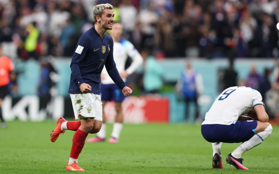 France's Antoine Griezmann celebrates his side's progression to the semi-finals as Harry Kane tries to come to terms with an early exit - Alex Livesey/Getty Images